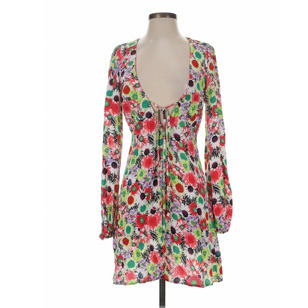 AFRM Floral Mini Dress XS Tie Front Long Sleeve Multicolor Y2K